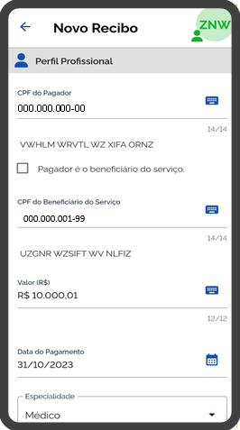 Tela Novo Recibo do app Receita Saúde com CPF do pagador, beneficiário, valor e data do pagamento